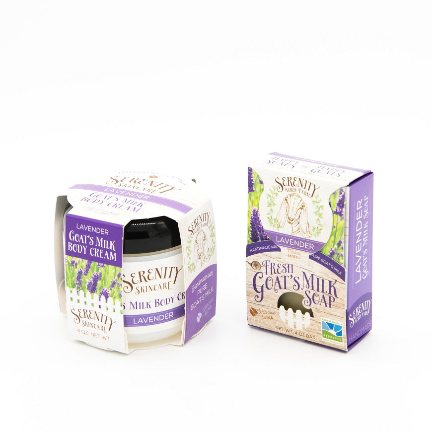 goat milk body creme and soap set, natural skincare set, eczema relief, psoriasis-friendly skincare, matching scented body products, moisturizing goat milk products