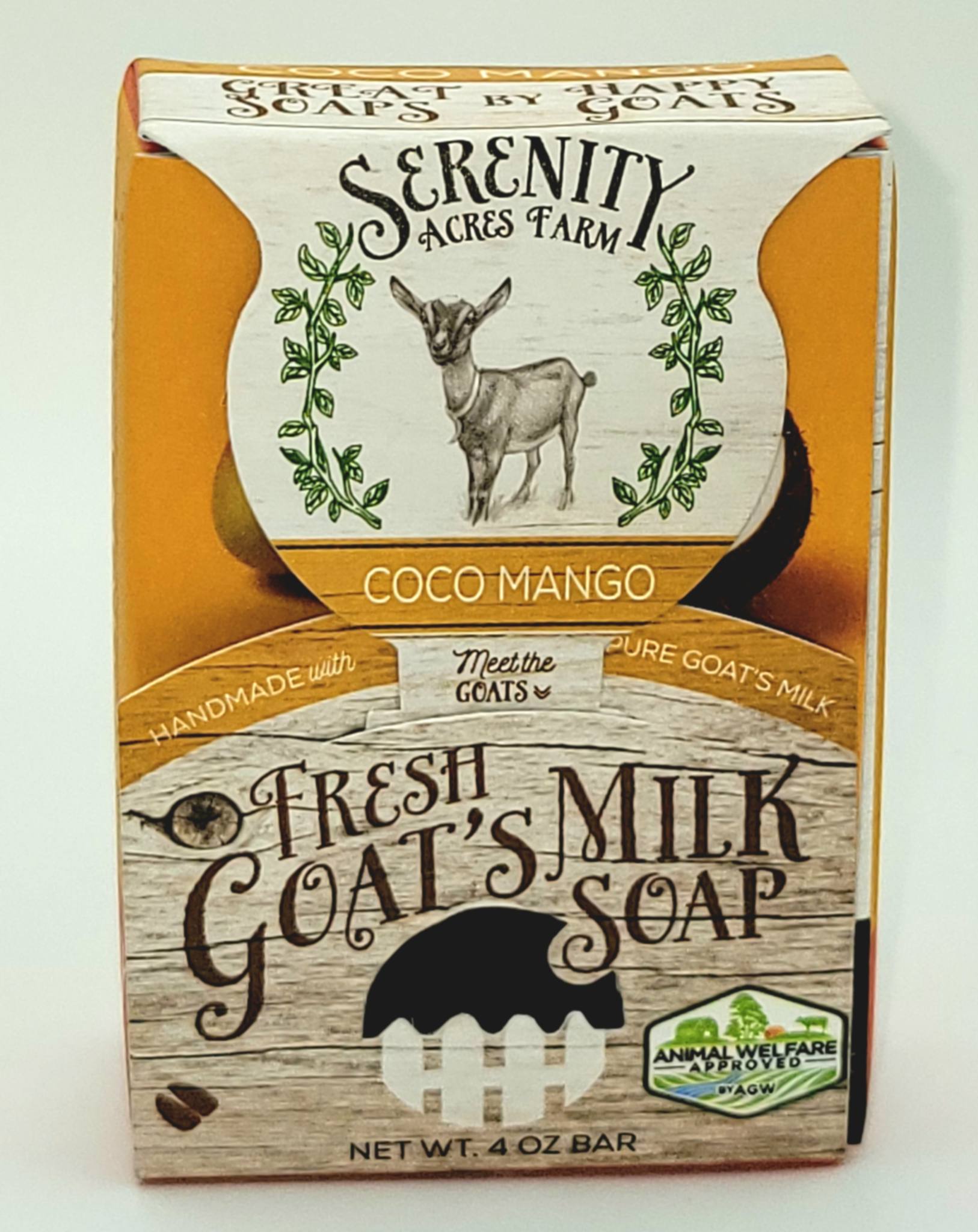 Box of Serenity Acres Farm Fresh Goat's Milk Soap with a goat illustration on a white background